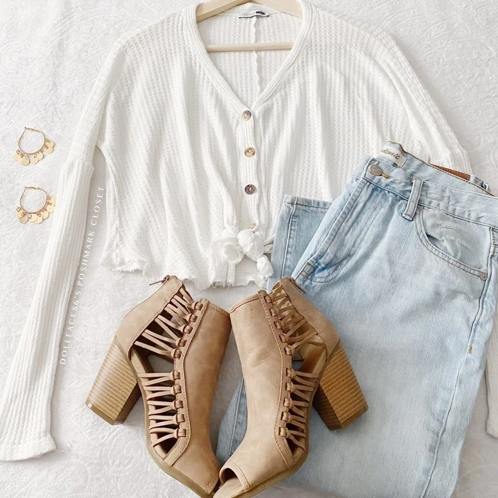 Fashion Nova White Cropped Tied Waist Button Down Waffle Top